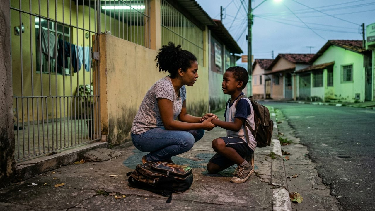 Mãe agachada ampara filho chorando na calçada, ilustrando os limites da educação e a Lei da Palmada.