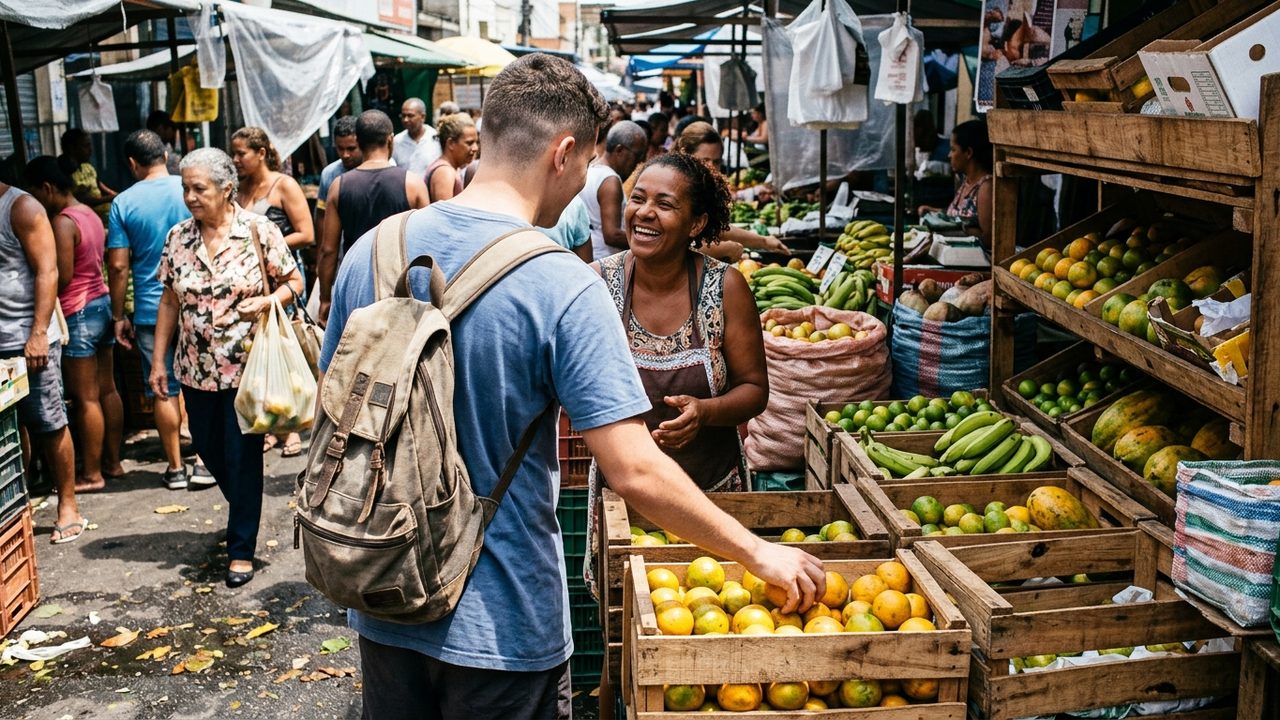 Homem e vendedora sorriem em feira livre. A lei de Tourette promove inclusão e acessibilidade no convívio social.