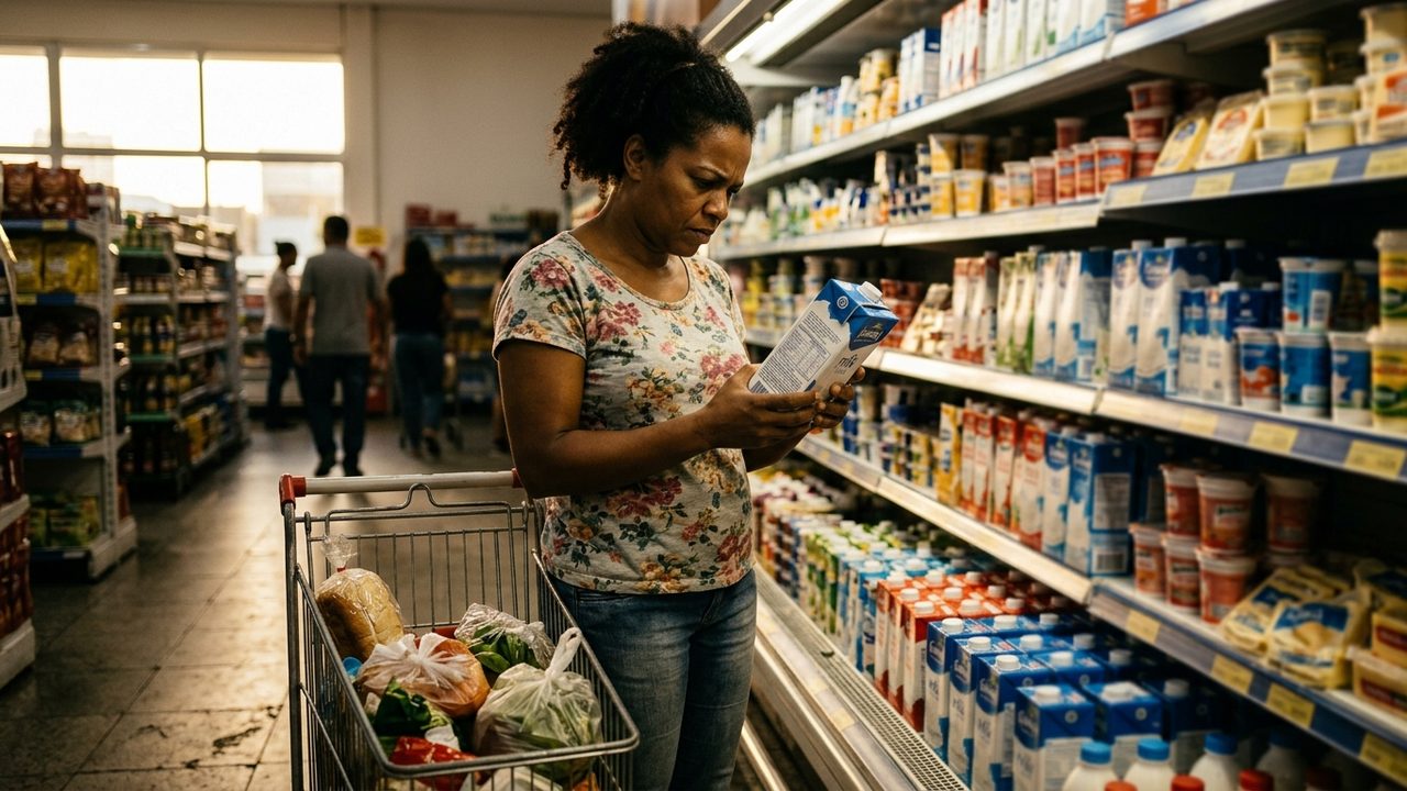 Mulher analisa rótulo de leite em supermercado para verificar a composição e seus direitos sobre lactose.