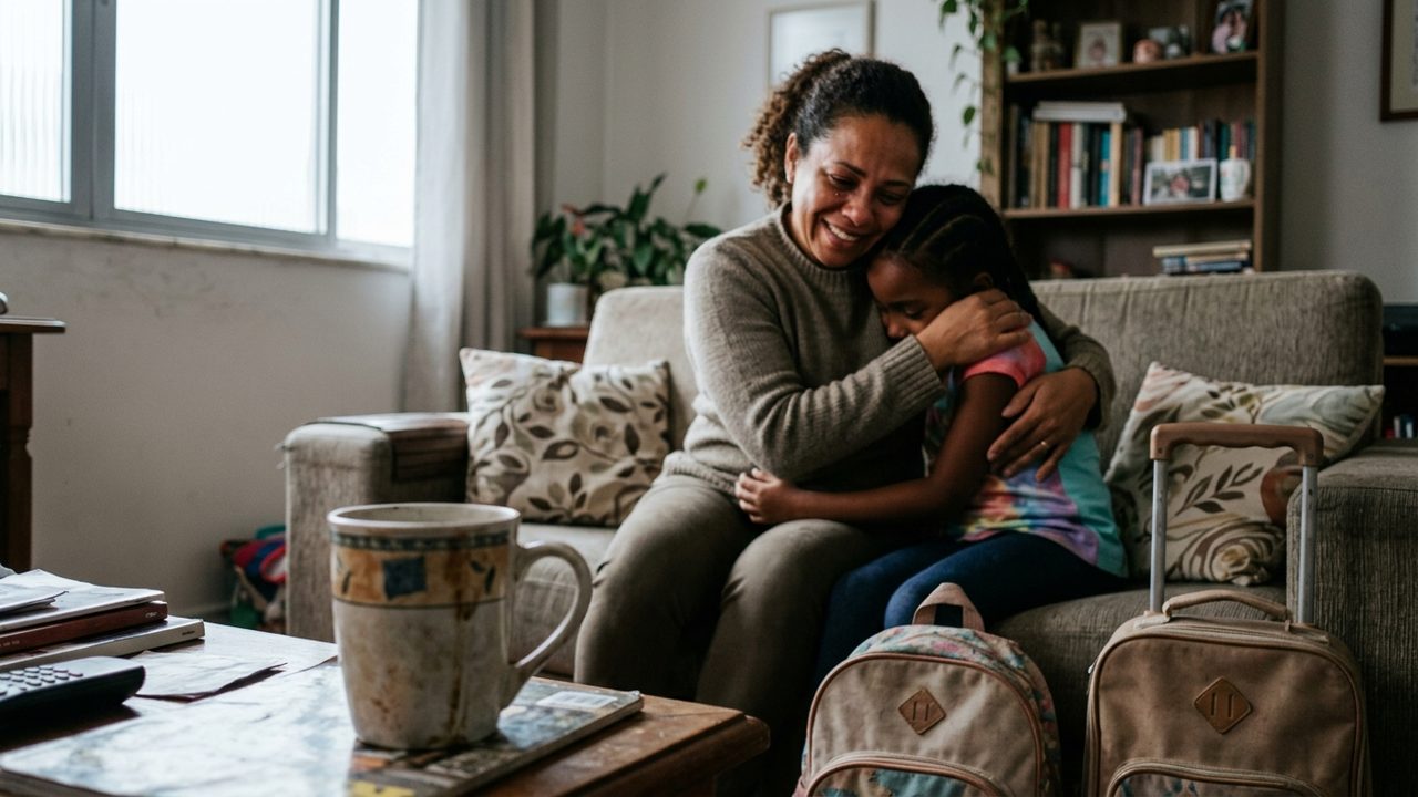 Mãe abraça filha com malas ao lado, ilustrando o afeto e direitos da licença-maternidade para mães adotivas.