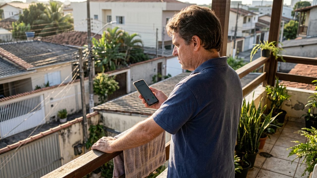 Homem na varanda olha para celular recebendo chamada, ilustrando o golpe de número falso do banco por spoofing.