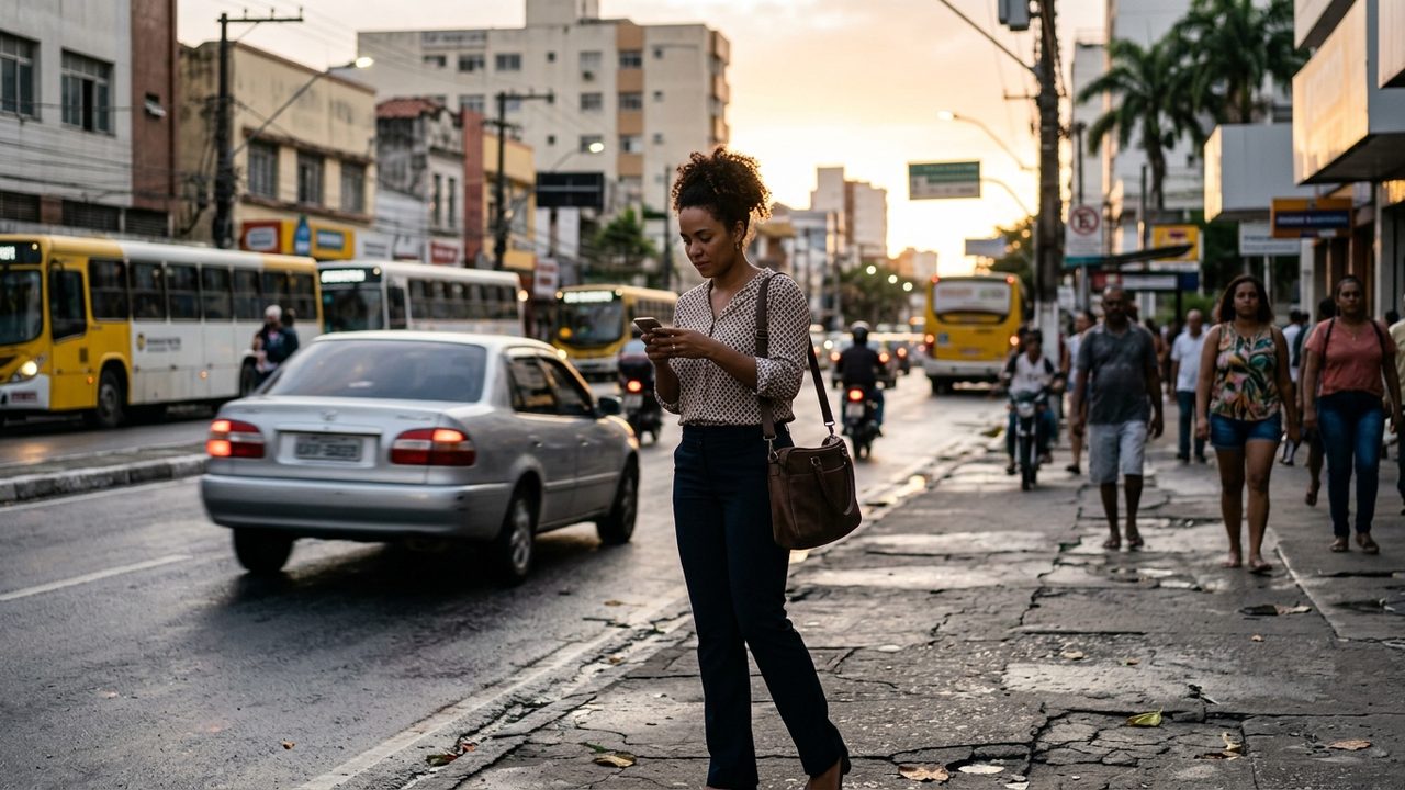 Mulher negra olha o celular em calçada movimentada com ônibus e carros, aguardando transporte por aplicativo.