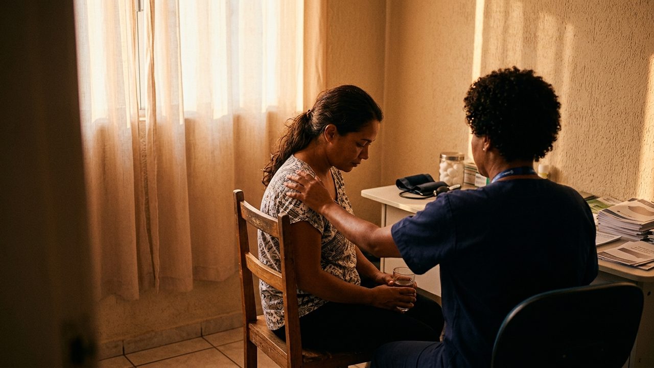 Profissional de saúde acolhe mulher em consultório, ilustrando o atendimento humanizado previsto na nova lei.