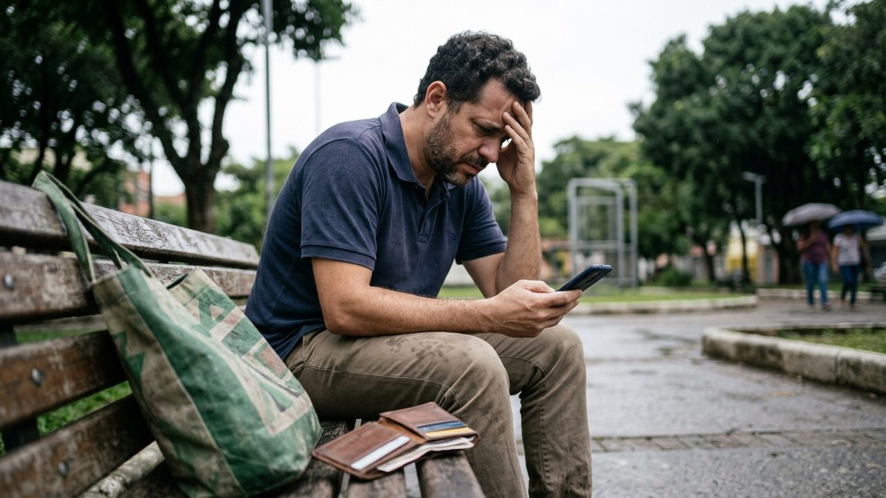 Homem angustiado em banco de praça olha o celular com carteira aberta, remetendo a fraudes e novas regras do Pix.