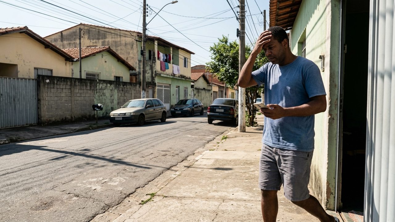 Homem preocupado olha o celular na rua, ilustrando a apreensão com dívidas e novas decisões sobre penhora.