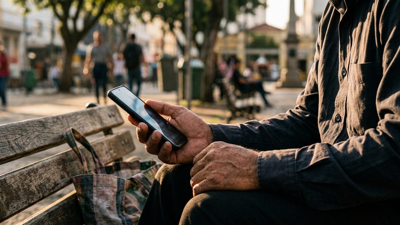 Homem em praça segura celular, ilustrando ofensas no WhatsApp e crimes de injúria, calúnia e difamação.