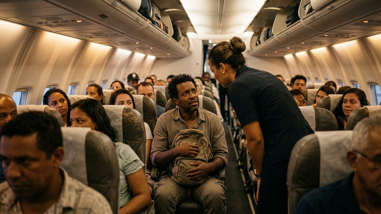 Comissária confronta passageiro em avião, ilustrando a regra da Anac que proíbe voar por indisciplina.