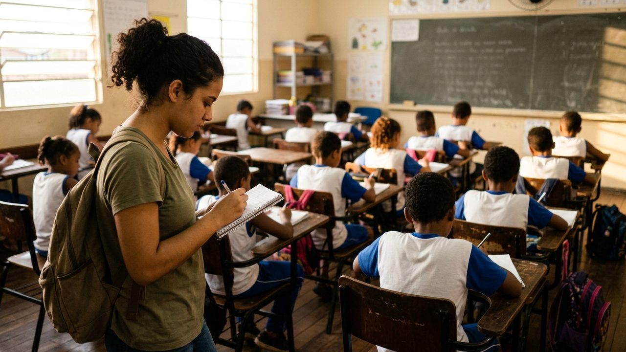 Jovem anota em caderno observando alunos em sala de aula, simbolizando a iniciação à docência pelo programa Pibid.