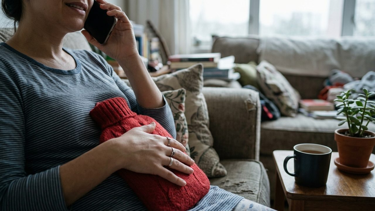 Mulher com bolsa de água quente no ventre fala ao celular, simbolizando o pedido de DIU para tratar endometriose.