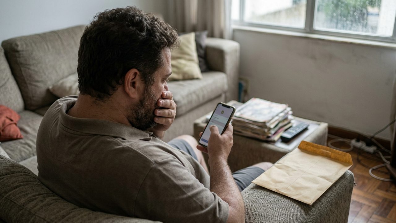 Homem chocado ao olhar celular com envelope aberto ao lado, ilustrando a descoberta de quebra de sigilo médico.
