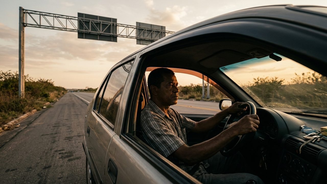 Motorista dirigindo em rodovia sob pórtico, ilustrando o teste de radares de velocidade média e aplicação de multas.