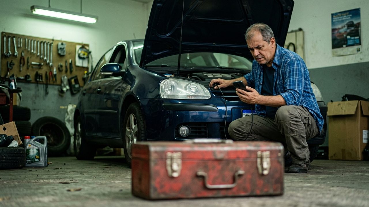 Homem em oficina olha o celular diante de carro com capô aberto para ilustrar regras de recall e licenciamento.