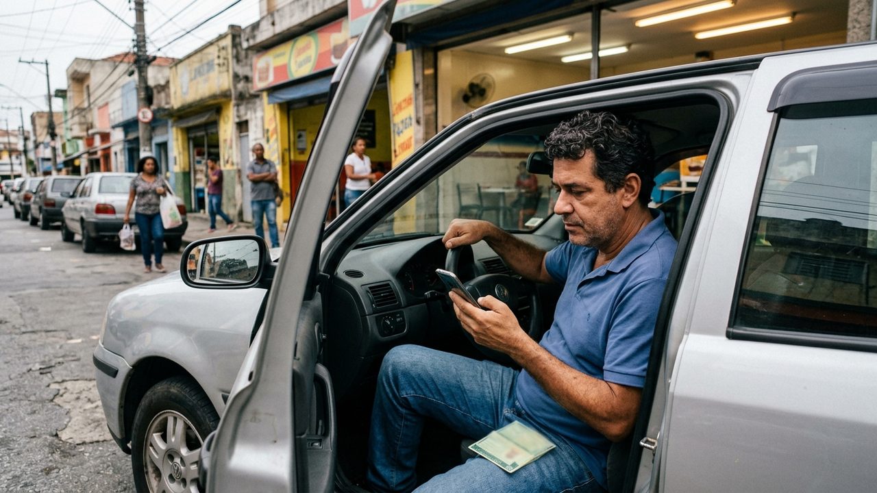 Motorista olha o celular com a CNH no colo dentro do carro, atento ao prazo de renovação até 9 de outubro.
