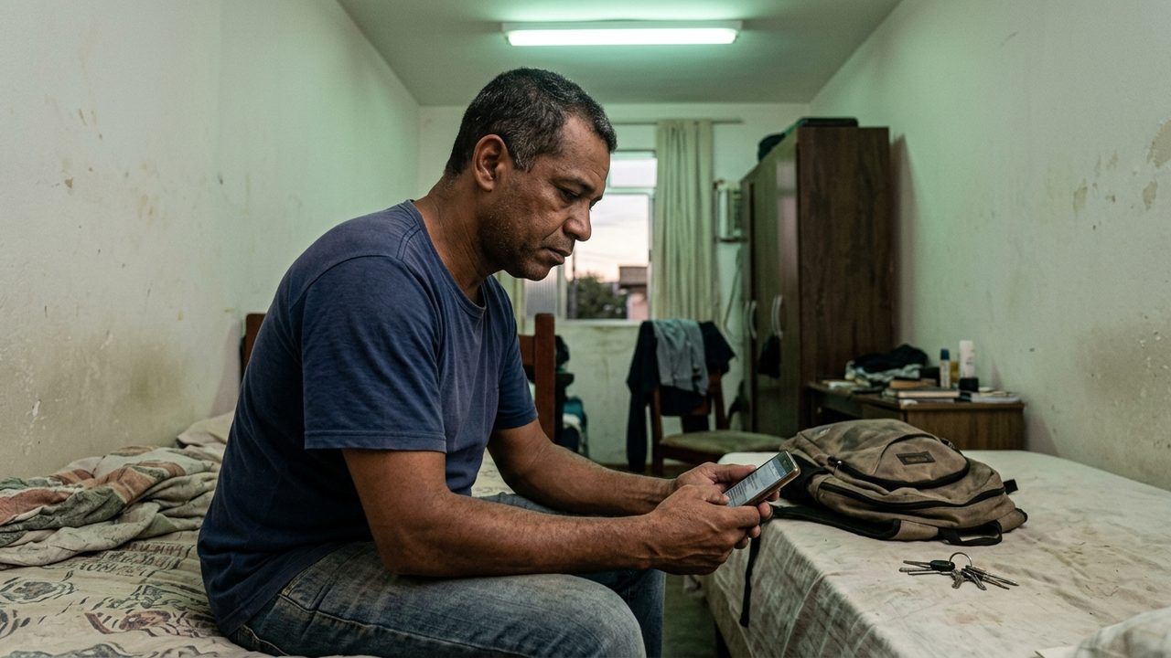 Homem preocupado olha o celular em quarto simples, ilustrando a busca por recurso após seguro-desemprego negado.