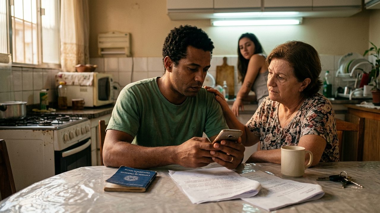 Homem preocupado olha documentos e carteira de trabalho sobre a mesa da cozinha, recebendo apoio da família.