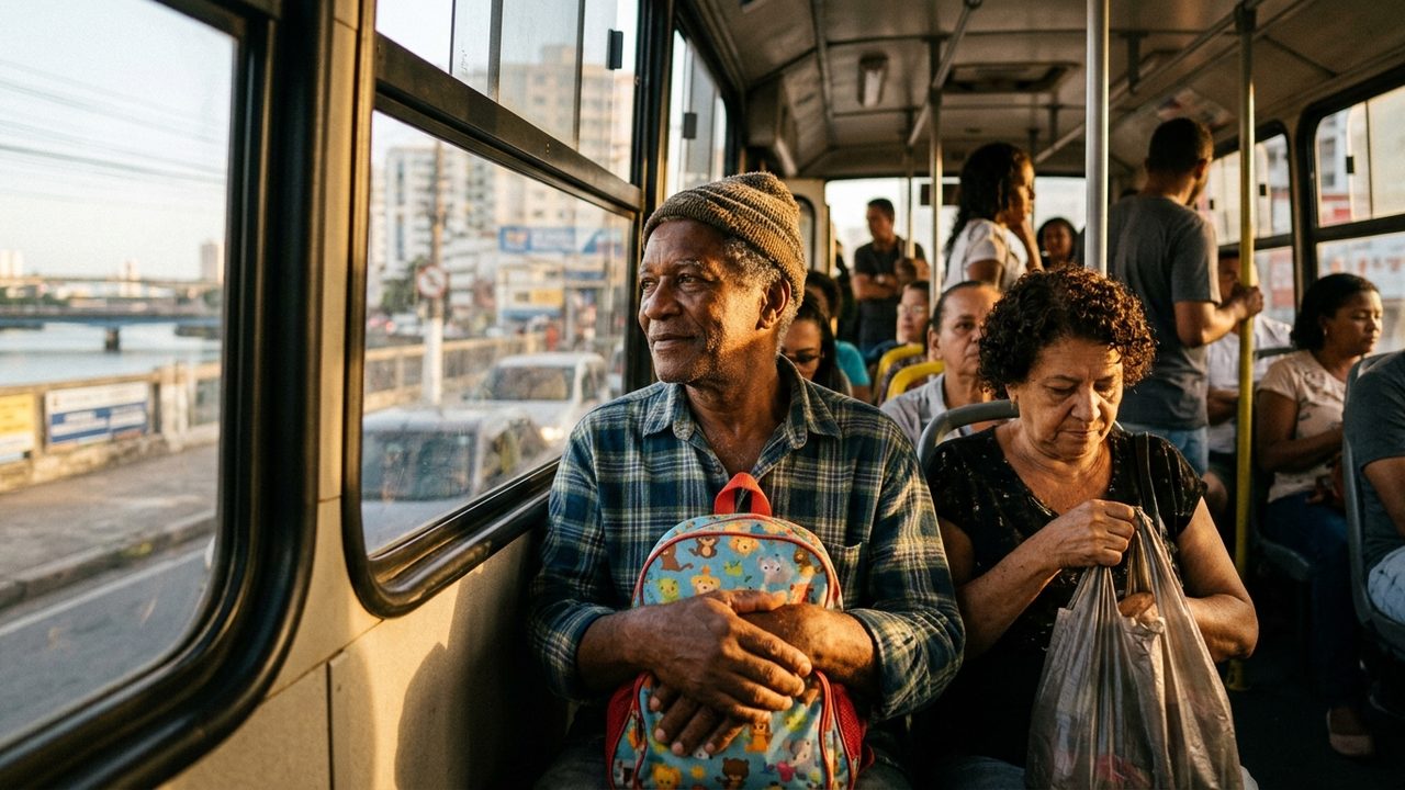 Idoso em ônibus olha pela janela; cena ilustra aposentados impactados pelo novo teto de juros do INSS.
