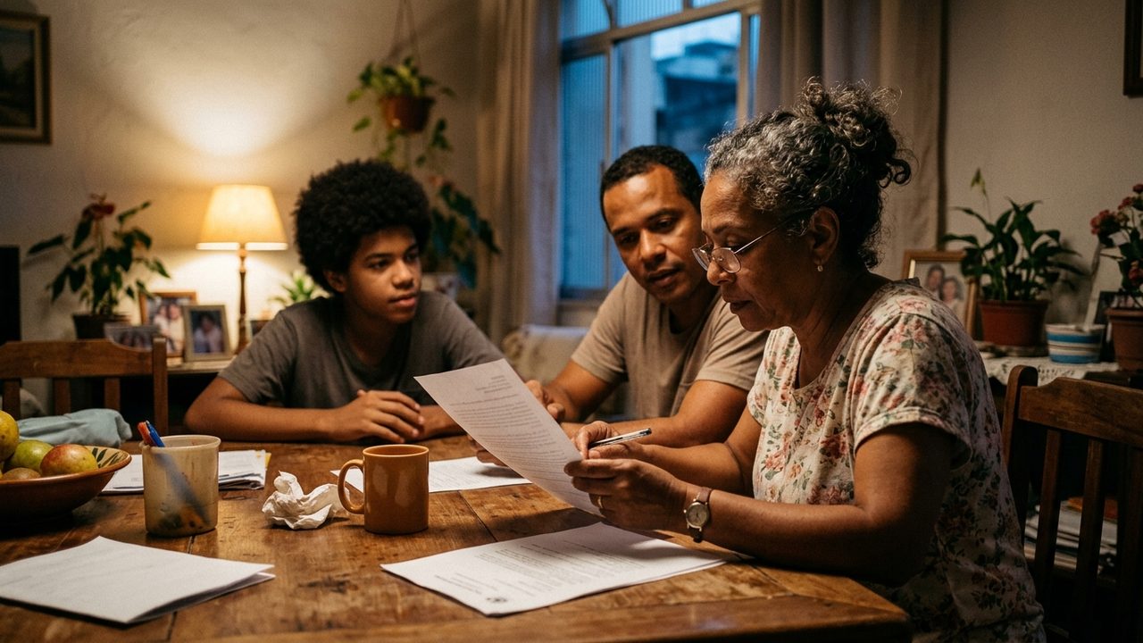 Idosa analisa documento com familiares à mesa, simbolizando o planejamento consciente do testamento vital.