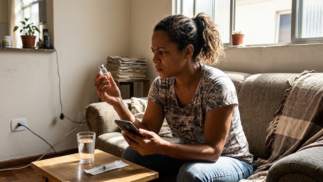 Mulher no sofá analisa frasco com dúvida ao celular, com seringa à mesa, ilustrando o alerta sobre tirzepatida ilegal.