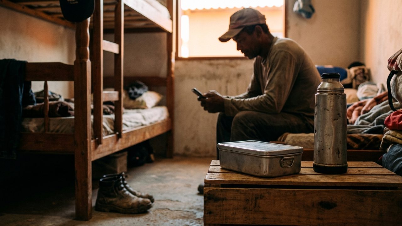 Homem em alojamento precário usa celular, simbolizando o trabalhador resgatado e o novo seguro-desemprego de 2026.