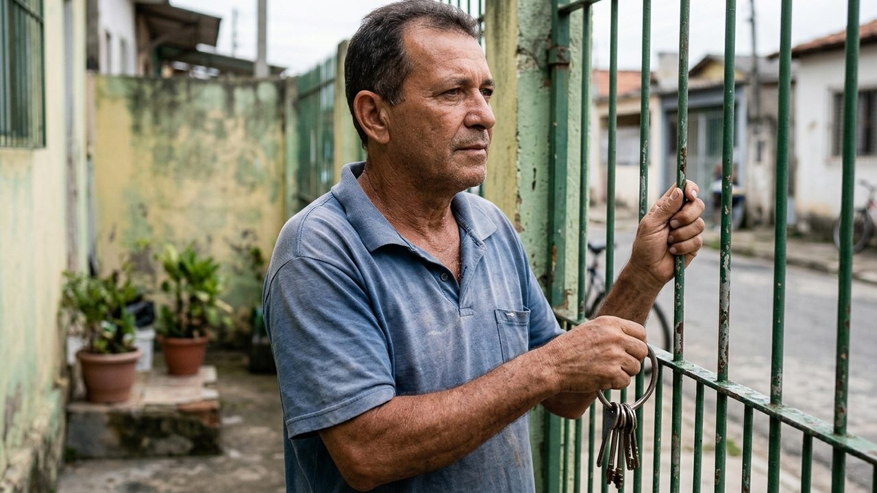 Homem segura chaves no portão de casa, representando a posse de imóvel para o processo de usucapião.