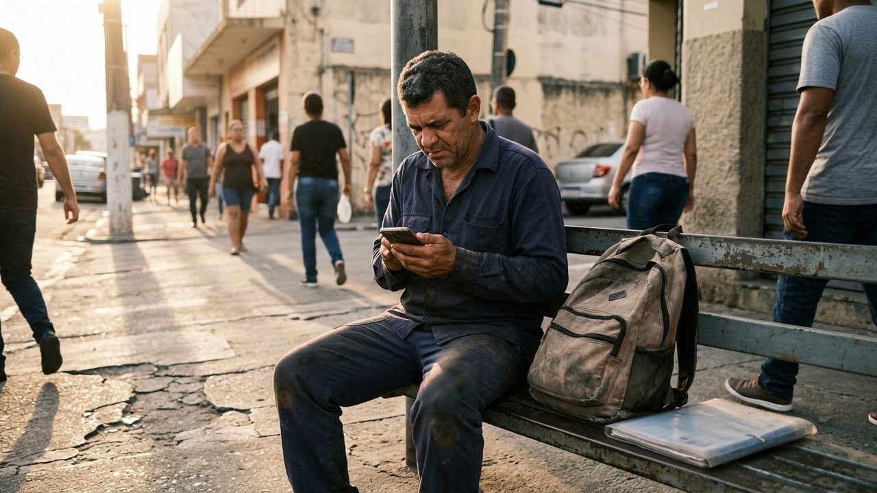 Trabalhador em banco de rua olha celular; ilustra consulta por CPF de dados vazados na Justiça do Trabalho.
