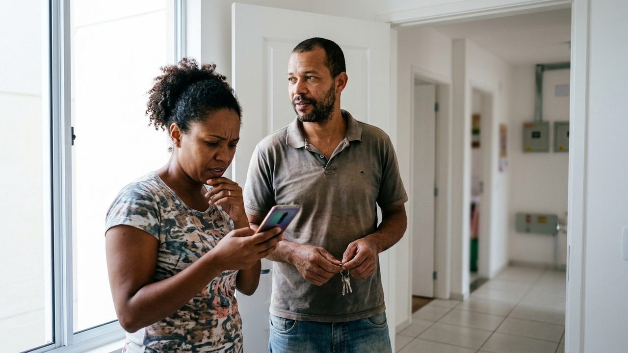 Casal negro em apartamento; mulher olha celular preocupada e homem segura chaves, ilustrando regras de venda ou aluguel.